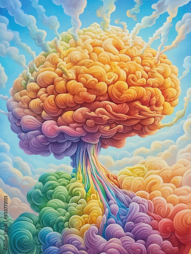 Poster vibrant abstract explosion of swirling colors in a surreal cloudscape, blending hues to create an im