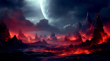 Epic Galactic Fantasy Landscape: Explore a Fiery Planet with Dramatic Terrain and Otherworldly Beauty in This Stunning Sci-Fi Visual.