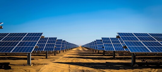 A large solar farm in a desert, with rows of panels stretching to the horizon under a clear blue sky