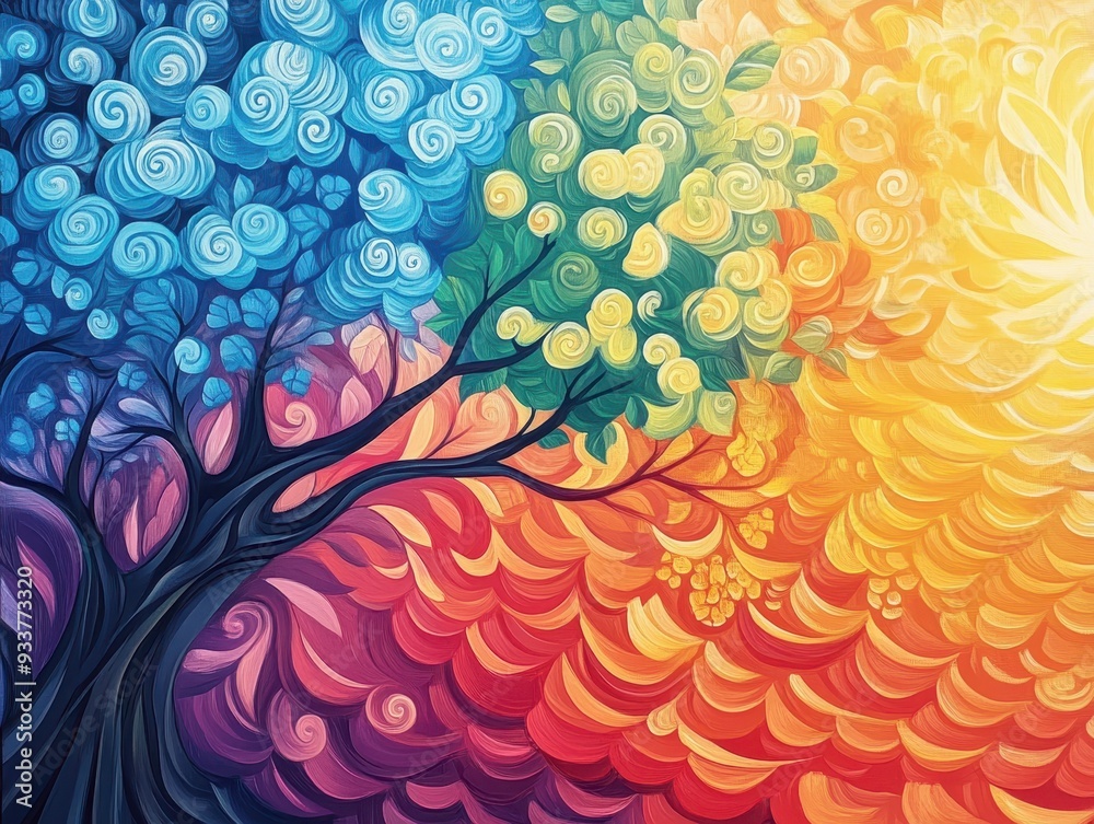 Poster vibrant abstract painting of a tree with branches resembling the transition from night to day, symbo