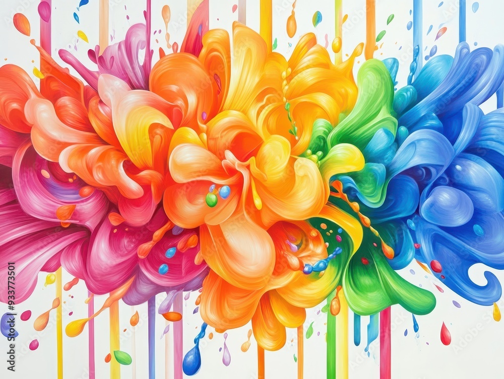Poster Vibrant and colorful abstract art with swirling paint splashes in a rainbow spectrum, showcasing an explosion of creativity and movement.