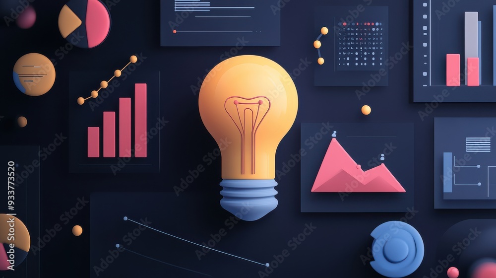 Poster A glowing light bulb surrounded by various 3D data charts and graphs, symbolizing data-driven innovation, analysis, and creative solutions.
