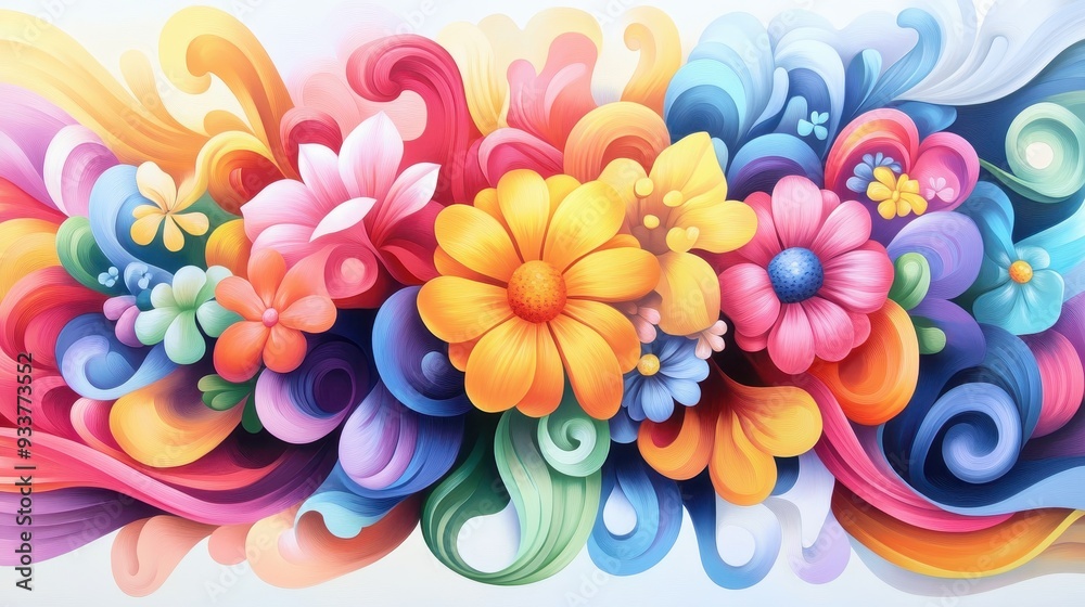 Poster vibrant and colorful illustration of abstract flowers and swirling patterns, perfect for artistic an