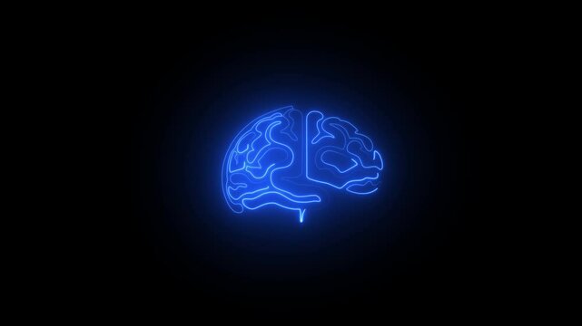 Computer generated icon of the human brain with neon light running through the meanders. 3d rendering