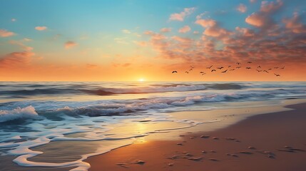 Fototapeta premium Sunset of a pristine beach at sunrise with gentle waves and seagulls.