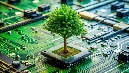 Green tree growing out of electronic components mounted on the motherboard, plant, branch, circuitry, organic, connection, connected,technology, concept, motherboard framing, growth, digital