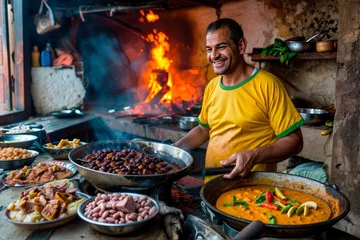 Brazilian Cuisine in Rio: A Chef Celebrates National Pride by Preparing Feijoada and Tapioca in Green and Yellow Colors of Brazil.  