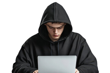 Young person in a black hoodie intensely working on a laptop. Perfect for cybersecurity or hacker themes, and technology concepts.