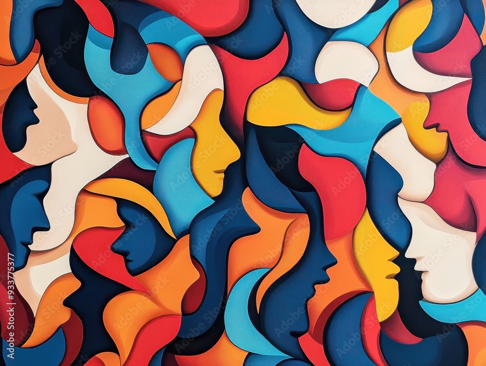 Poster Abstract colorful artwork depicting a multitude of human faces in overlapping shapes, creating a vibrant and dynamic composition.