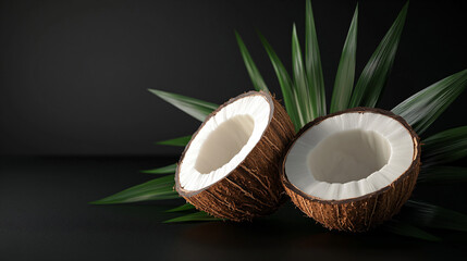 Coconut halves on black.