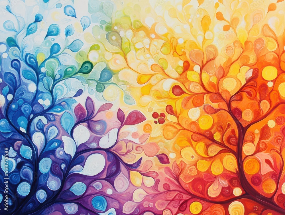 Poster abstract colorful tree artwork with vibrant branches and leaves transitioning from cool blue tones t