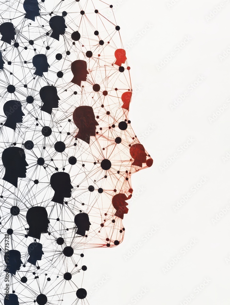 Poster abstract human head silhouette made of interconnected dots and lines symbolizing communication, netw
