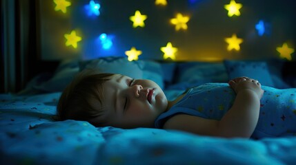 Side view of a beautiful and cute male toddler baby kid sleeping and resting at night in a dark room with blue and yellow glowing stars on the walls. 