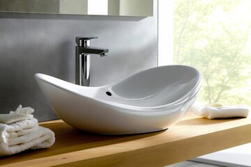 Fototapeta premium A white sink sitting on top of a wooden counter next to a window