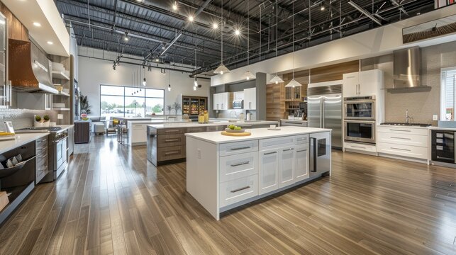 Wide-angle view of a well-organized kitchen showroom with functional displays. 