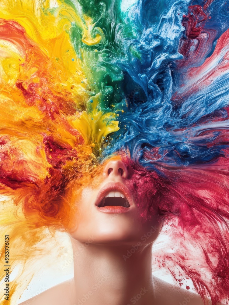Poster colorful abstract art with vibrant paint splashes surrounding a face, symbolizing creativity and exp