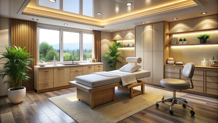 Soothing medical spa treatment room with calming colors, comfortable furnishings, and modern equipment, perfect for relaxation and rejuvenation, featuring a peaceful ambiance.