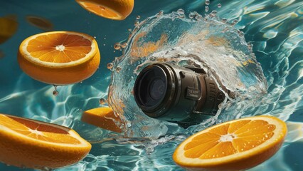 Super slow motion shot of fresh orange slices, glistening with juice, floating in mid-air. The camera then dives into crystal-clear water, creating a mesmerizing splash 
