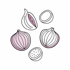 Set of doodle outline onion with spots Whole and pieces (14)