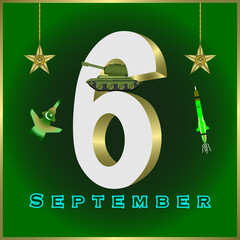 Defense day of Pakistan, 6 September, tank, missile, jet, Nishan e Haider means in English (mark of the lion), Digit 6, social media post, banner, vector file,