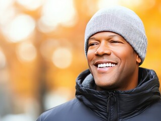 Smiling man wearing a gray beanie and jacket outdoors during autumn in a park