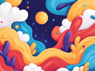 Obraz premium Colorful abstract illustration of a vibrant, surreal dreamscape with swirling shapes and bold hues, representing imagination and creativity.