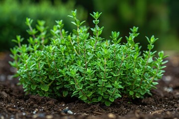 Obraz premium A close-up view of a vibrant green thyme plant growing in the rich, moist soil of a well-maintained garden bed, exemplifying healthy gardening practices