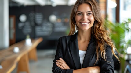 Fototapeta premium A confident and professional businesswoman in a black suit, smiling and standing with folded arms in a modern office setting with a blurred background
