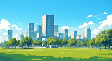 Obraz premium City Skyline with Tall Buildings, Green Trees, and Park Grass under a Blue Sky with White Clouds