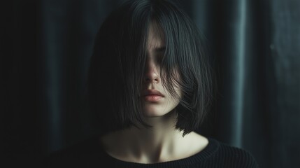 Fototapeta premium A woman with a bob haircut sits in a dimly lit room, her eyes closed and hair draping over her face, conveying a sense of introspection and calm