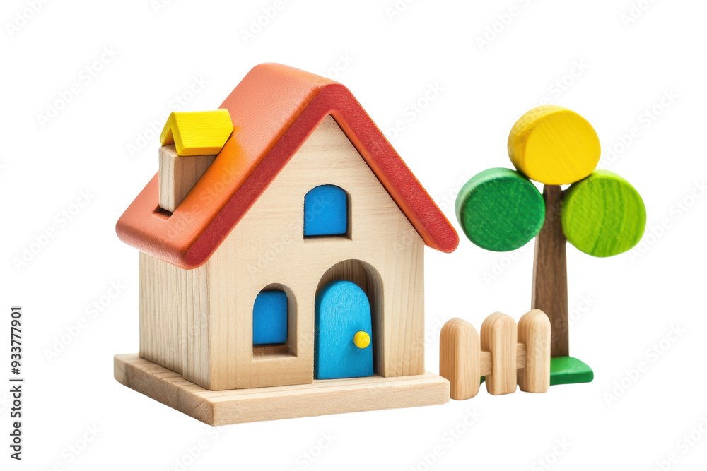 Wall mural Colorful wooden toy house with a tree and fence, isolated on transparent background. Perfect for kids' playtime and educational activities.