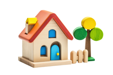 Colorful wooden toy house with a tree and fence, isolated on transparent background. Perfect for kids' playtime and educational activities.