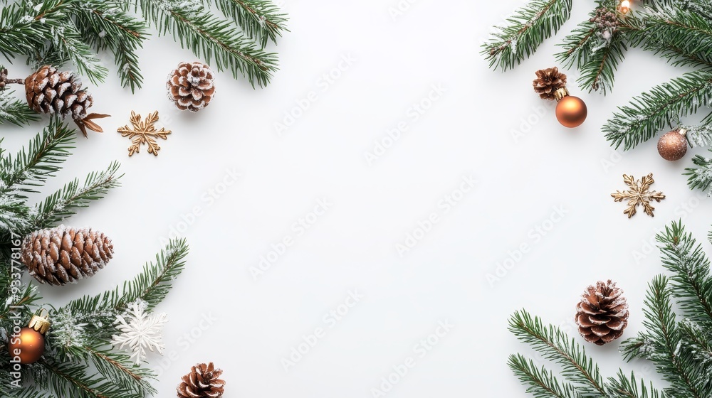 Sticker Festive Christmas Background with Pine Branches, Ornaments, and Snowflakes - A white background with evergreen pine branches decorated with gold ornaments, pine cones, and snowflakes symbolizing winte