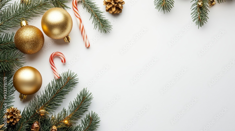 Sticker Festive Christmas Border with Gold Ornaments and Pine Branches on White Background - A festive Christmas border featuring gold ornaments, pine branches, candy canes, and pine cones on a white backgrou