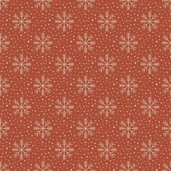 Christmas seamless pattern design. Snow flakes on the brick colour background