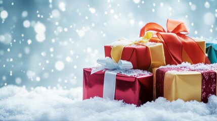 Festive Christmas Gifts Wrapped in Snow - A group of Christmas presents wrapped in festive colors, adorned with bows, sitting on a snowy surface. The image evokes feelings of joy, anticipation, and th