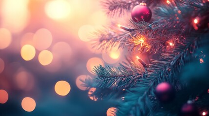 Close-up of a Christmas tree with lights and a bokeh background. Copy space for text