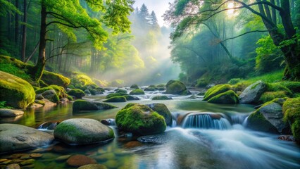 Sparkling crystal clear water flows smoothly over rounded rocks, creating a serene and peaceful atmosphere in a lush green forest surrounded by misty fog.