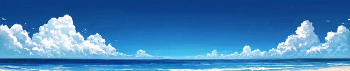 Obraz premium Vast Sea, Endless Sky, and White Clouds with a Beach Setting, in an Animated Style