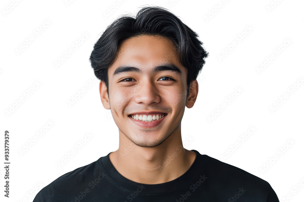 Wall mural young asian man smiling with white teeth, wearing a casual black shirt, against transparent backgrou