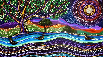 River with ducks and landscape in traditional dot painting style art