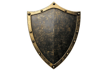 Vintage medieval shield with rusted iron surface and gold rim, isolated on transparent background. Perfect for historical or fantasy themes.