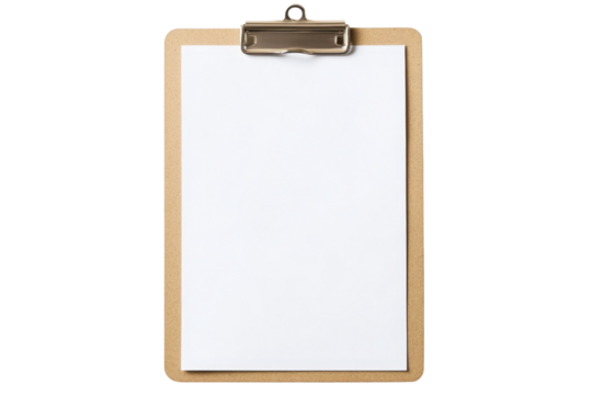 Top view of a brown clipboard with a blank white sheet of paper, isolated on a transparent background. Perfect for office or school use.