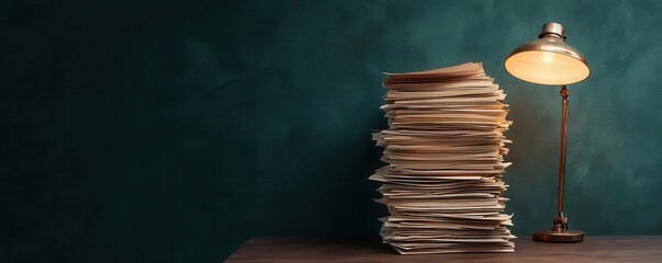 A dark room with a single desk lamp illuminating a stack of classified documents, sealed and stamped, photo realistic, confidential archive