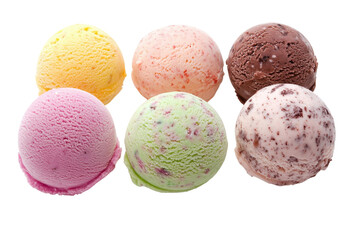 Six colorful scoops of delicious ice cream in various flavors arranged on a transparent background. creating a delightful dessert presentation.