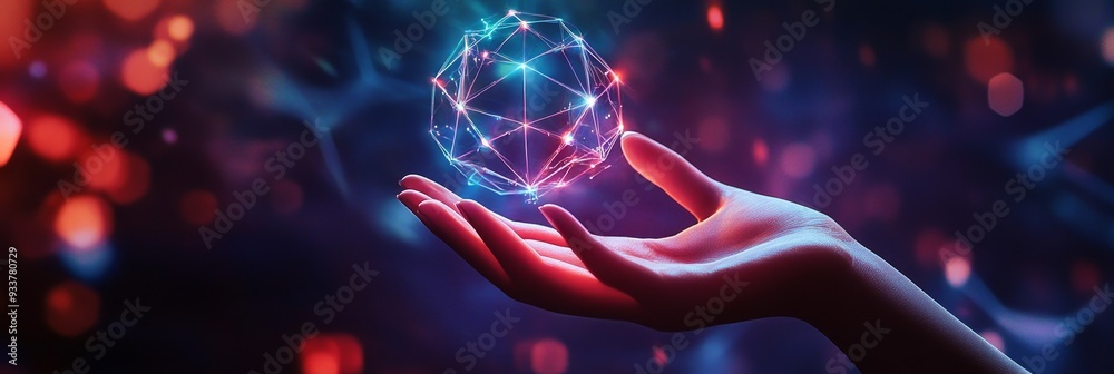 Canvas Prints Hand Holding a Glowing Network Sphere - A hand gently cradles a glowing, blue and red sphere, symbolizing connection, innovation, data, technology, and growth.