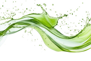 Dynamic green liquid splash with flowing wave and droplets, showcasing vibrant energy and fluid motion on a transparent background. © Rattanathip