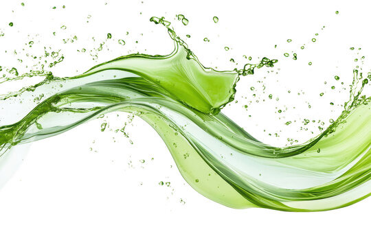 Dynamic green liquid splash with flowing wave and droplets, showcasing vibrant energy and fluid motion on a transparent background.