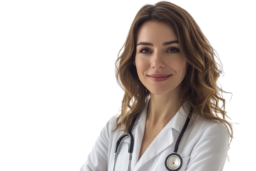 Confident female doctor smiling with stethoscope in clean transparent background. professional healthcare worker, medical personnel.