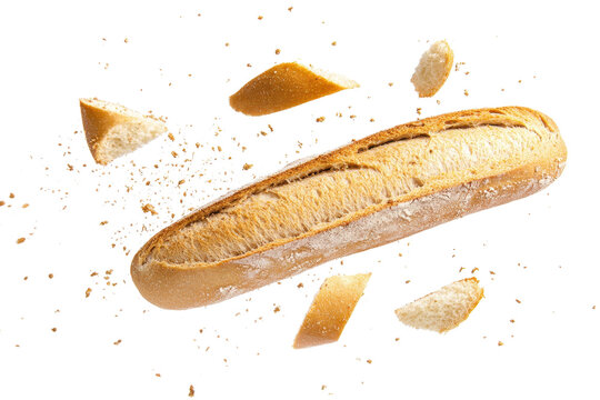 Crispy French baguette with bread crumbs, isolated on transparent background. Perfect for bakery, culinary, and cooking concepts.